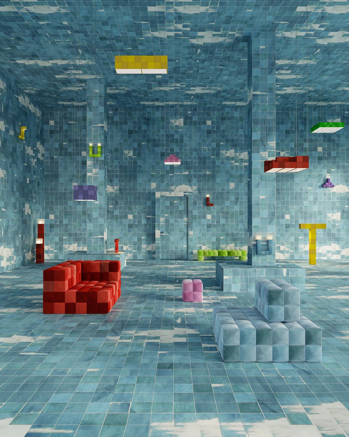 A room tiled floor to ceiling in printed blue tiles